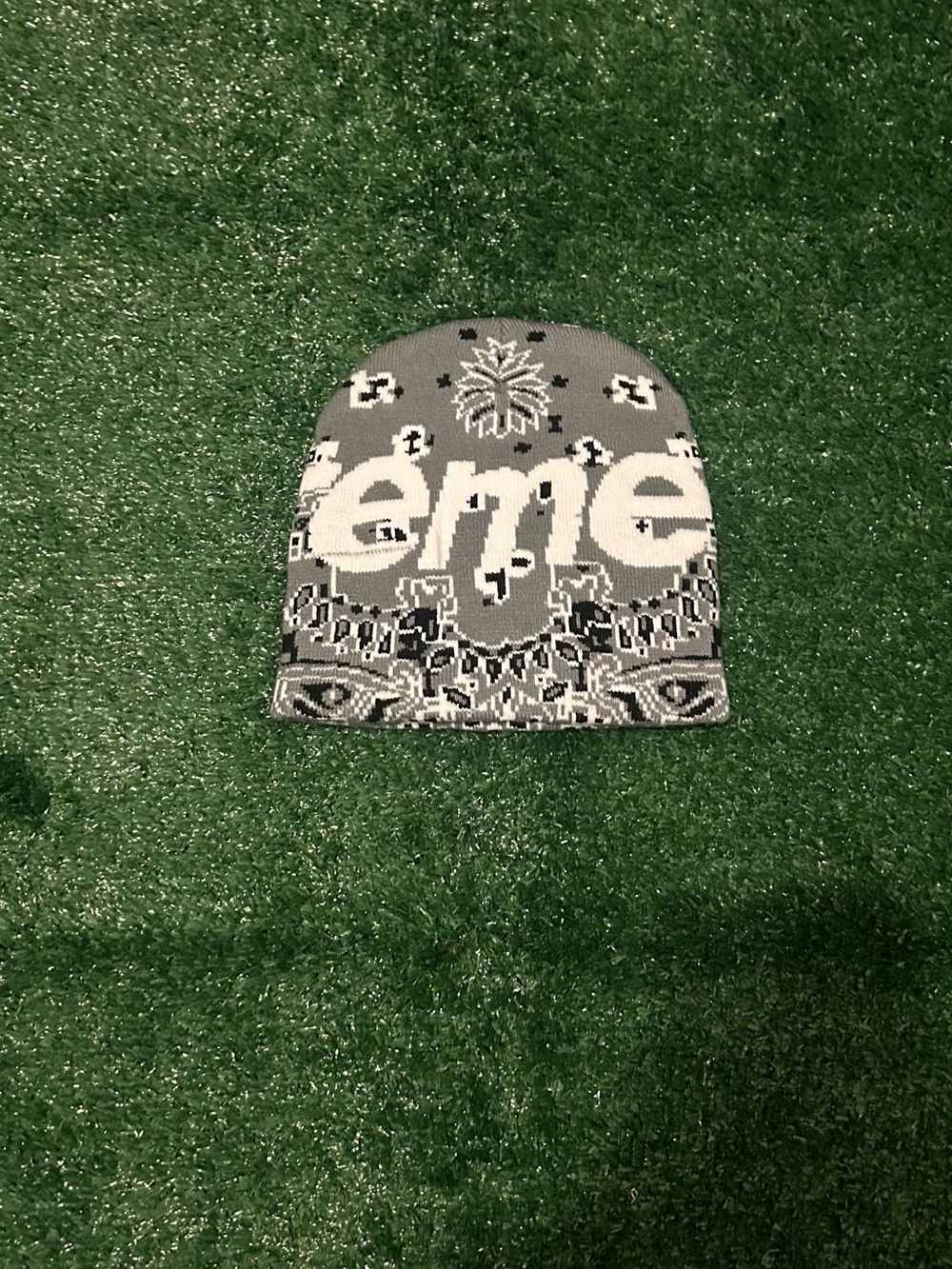 Supreme Gray & White Bandana Knit Beanie